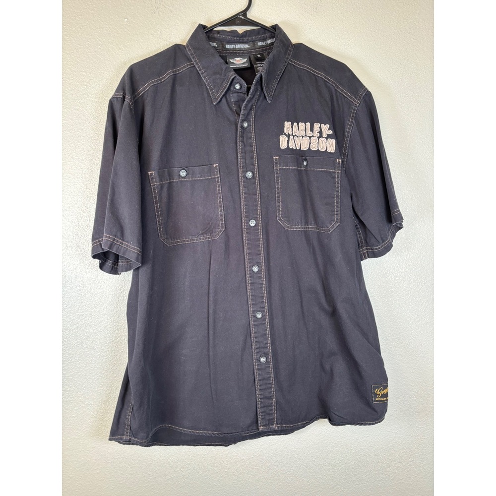 Harley Davidson Mens XL Black Short Sleeve Embroidered Eagle Button Up Shirt